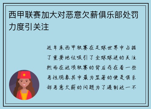 西甲联赛加大对恶意欠薪俱乐部处罚力度引关注 西甲联赛加大对恶意欠薪俱乐部处罚力度引关注