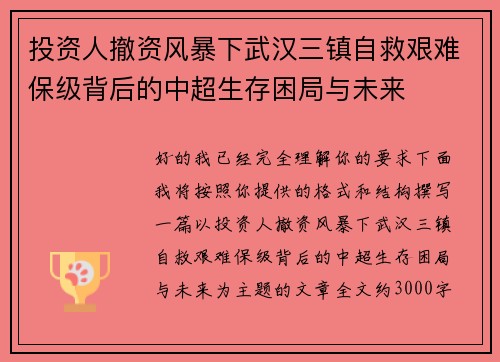 投资人撤资风暴下武汉三镇自救艰难保级背后的中超生存困局与未来